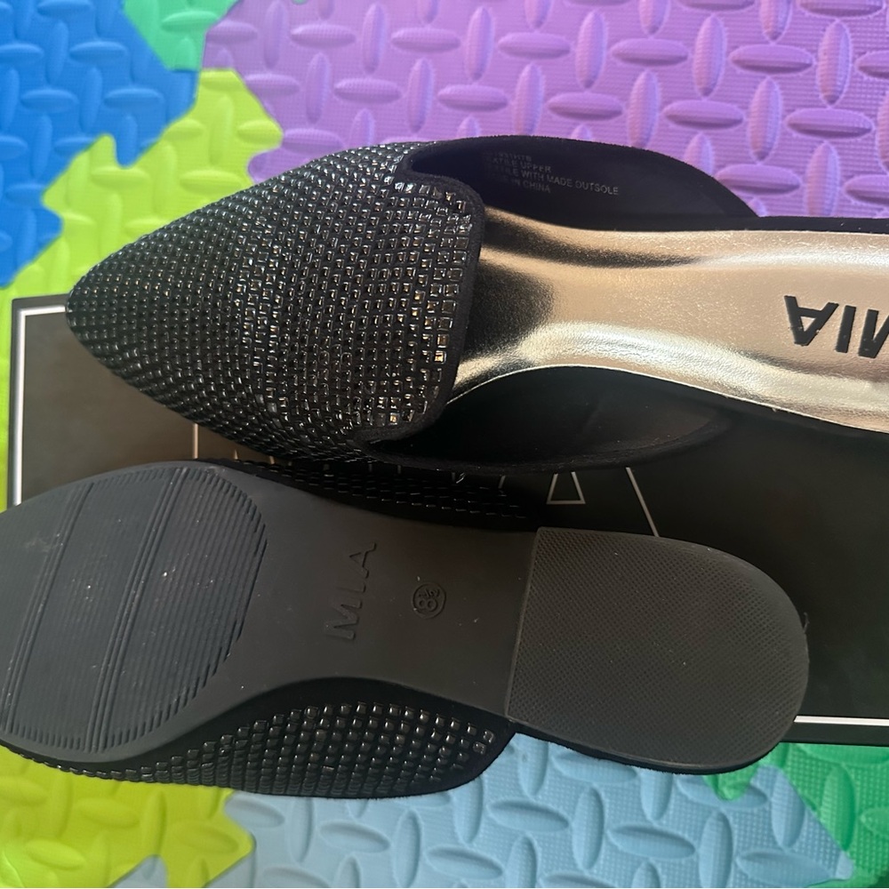 MIA Black Pointed Toe Embellished Slip-On Mules